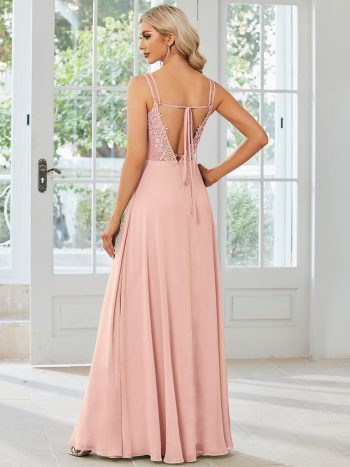 Convertible Chiffon Lace Open Back Spaghetti Straps Bridesmaid Dress - Pink