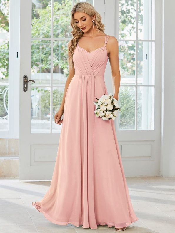 Convertible Chiffon Lace Open Back Spaghetti Straps Bridesmaid Dress - Pink