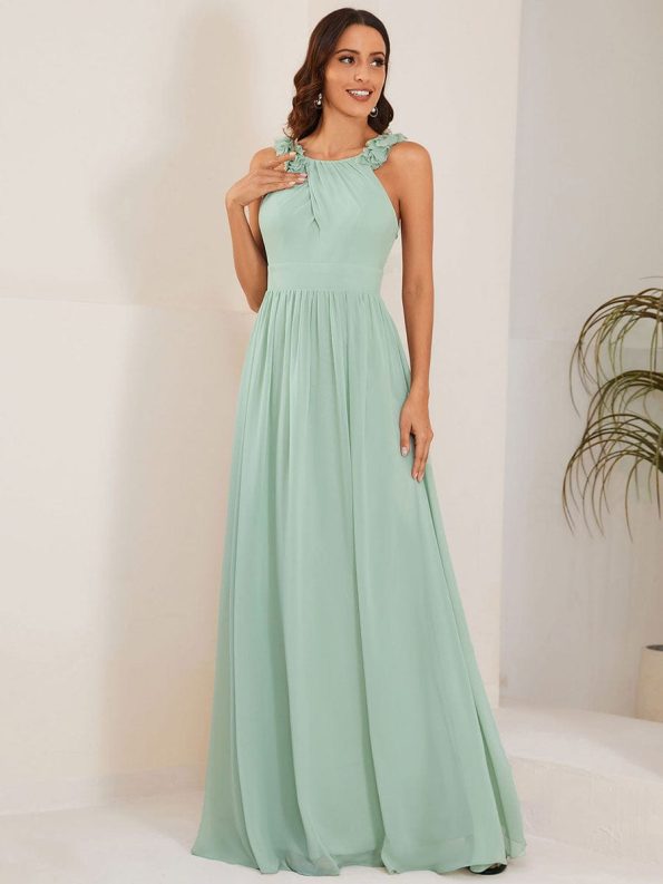 Floral Applique Sleeveless Pleated Chiffon Bridesmaid Dress - Mint Green