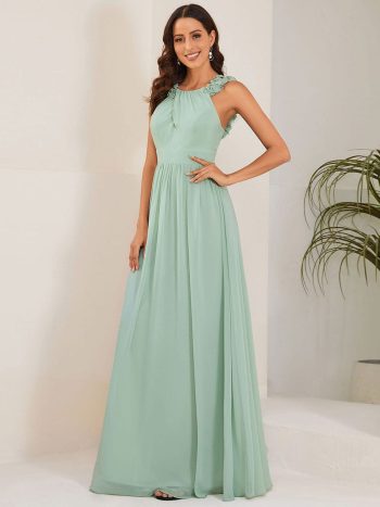 Floral Applique Sleeveless Pleated Chiffon Bridesmaid Dress - Mint Green