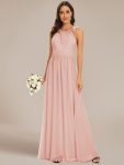 Floral Applique Sleeveless Pleated Chiffon Bridesmaid Dress – Pink