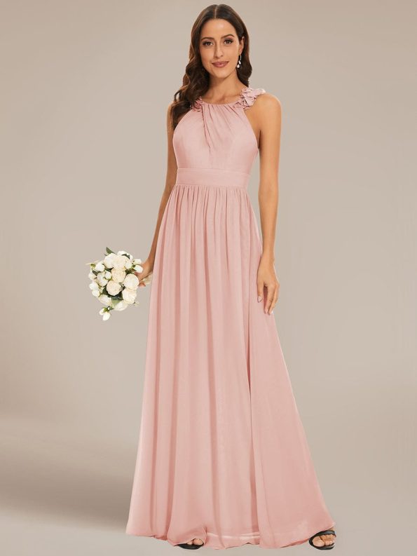 Floral Applique Sleeveless Pleated Chiffon Bridesmaid Dress - Pink