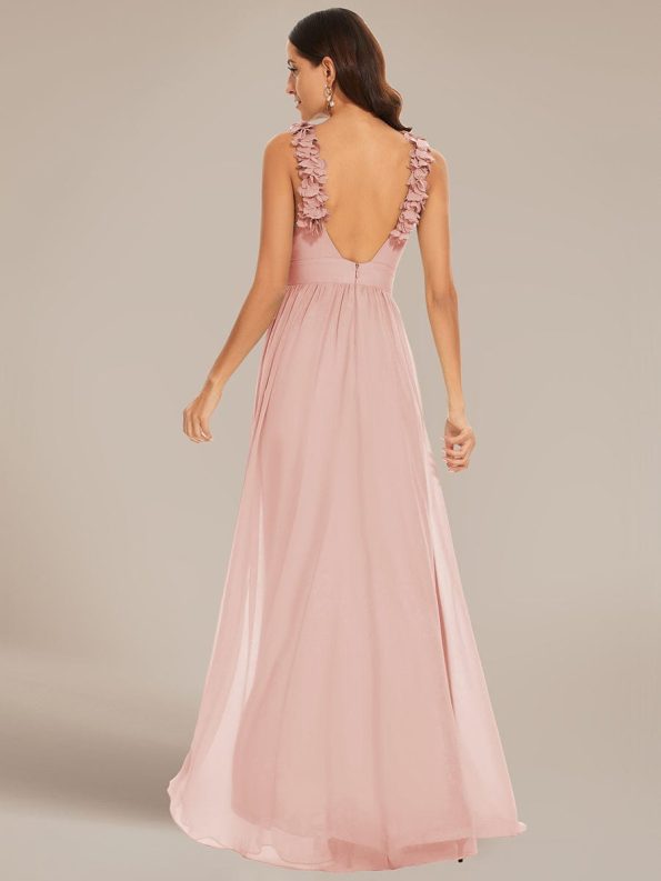 Floral Applique Sleeveless Pleated Chiffon Bridesmaid Dress - Pink