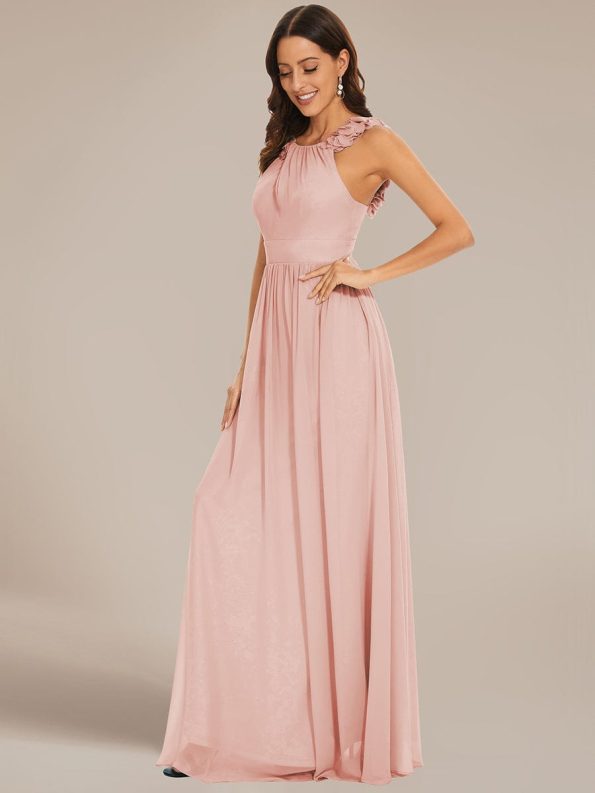 Floral Applique Sleeveless Pleated Chiffon Bridesmaid Dress - Pink