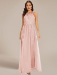 Floral Applique Sleeveless Pleated Chiffon Bridesmaid Dress – Pink