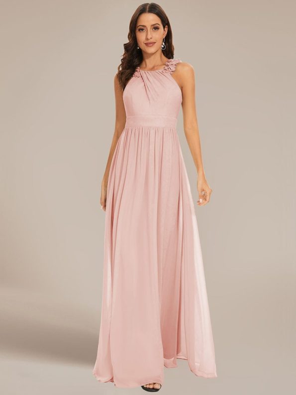 Floral Applique Sleeveless Pleated Chiffon Bridesmaid Dress - Pink