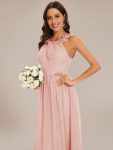 Floral Applique Sleeveless Pleated Chiffon Bridesmaid Dress – Pink