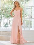 Front Slit Sweetheart Crossed Back Tie Chiffon Bridesmaid Dress – Pink