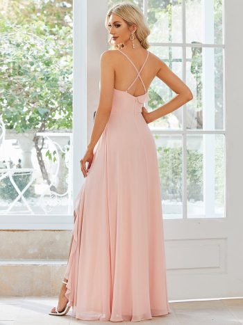 Front Slit Sweetheart Crossed Back Tie Chiffon Bridesmaid Dress - Pink