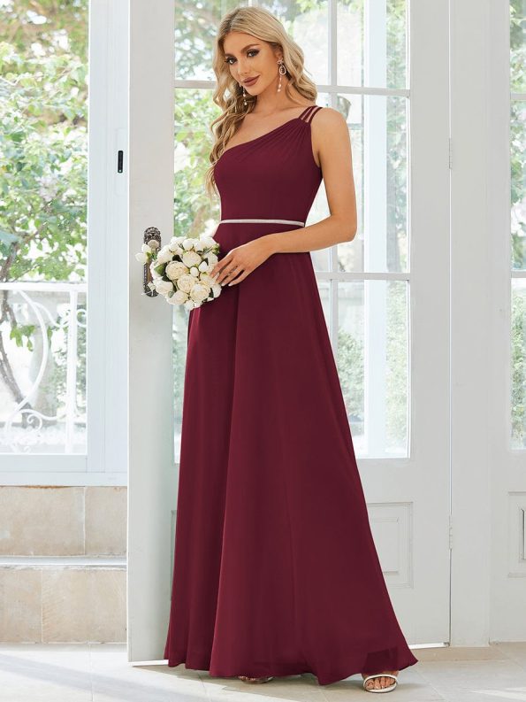 Flowy Chiffon One-Shoulder with Three Straps Bridesmaid Dress - Burgundy