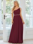 Flowy Chiffon One-Shoulder with Three Straps Bridesmaid Dress – Burgundy