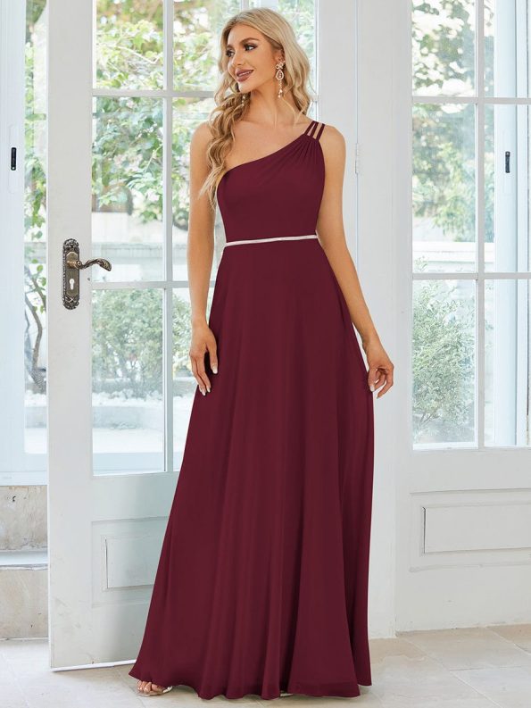 Flowy Chiffon One-Shoulder with Three Straps Bridesmaid Dress - Burgundy