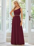 Flowy Chiffon One-Shoulder with Three Straps Bridesmaid Dress – Burgundy