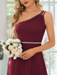 Flowy Chiffon One-Shoulder with Three Straps Bridesmaid Dress – Burgundy