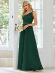 Flowy Chiffon One-Shoulder with Three Straps Bridesmaid Dress - Dark Green