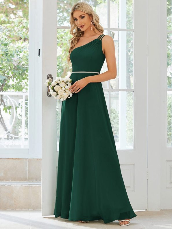 Flowy Chiffon One-Shoulder with Three Straps Bridesmaid Dress - Dark Green