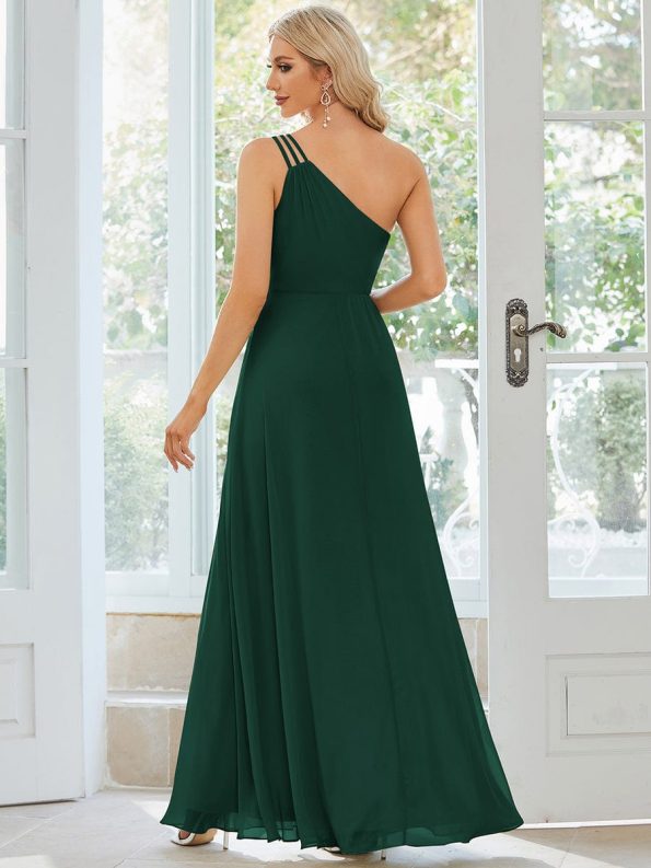 Flowy Chiffon One-Shoulder with Three Straps Bridesmaid Dress - Dark Green