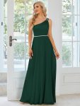 Flowy Chiffon One-Shoulder with Three Straps Bridesmaid Dress – Dark Green