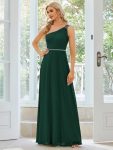 Flowy Chiffon One-Shoulder with Three Straps Bridesmaid Dress – Dark Green