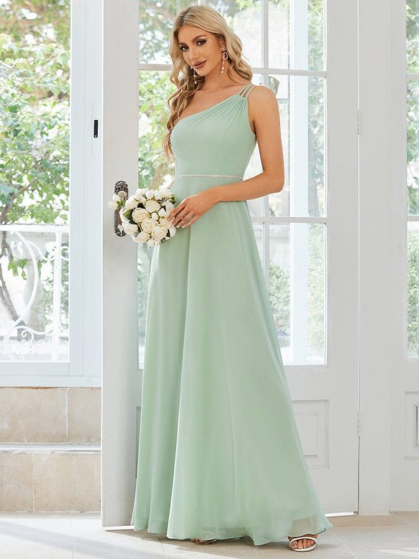 Flowy Chiffon One-Shoulder with Three Straps Bridesmaid Dress - Mint Green