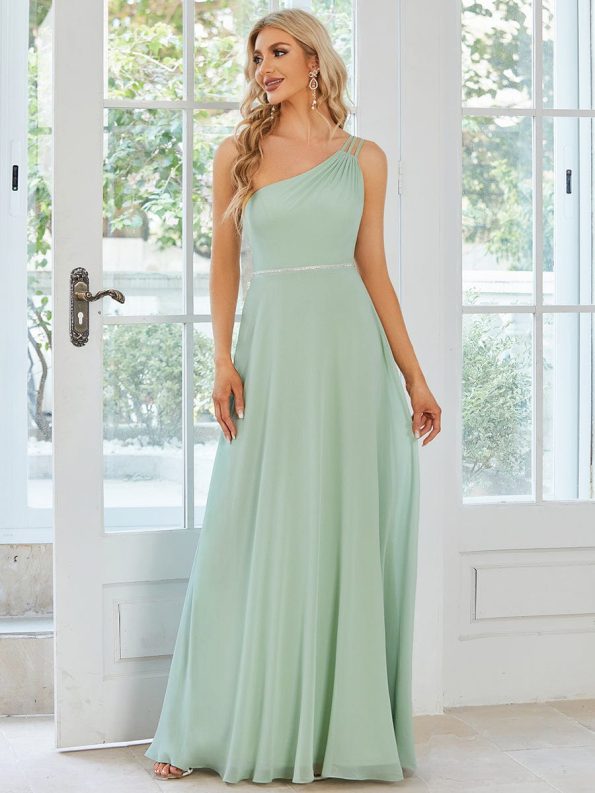 Flowy Chiffon One-Shoulder with Three Straps Bridesmaid Dress - Mint Green