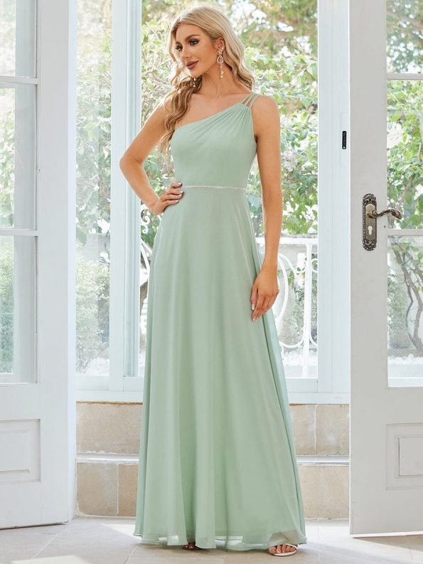 Flowy Chiffon One-Shoulder with Three Straps Bridesmaid Dress - Mint Green