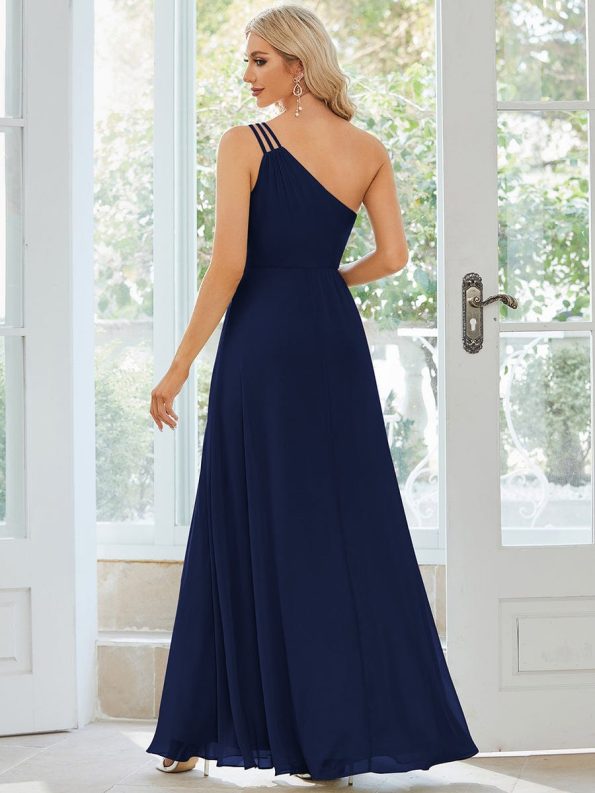 Flowy Chiffon One-Shoulder with Three Straps Bridesmaid Dress - Navy Blue