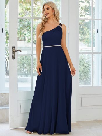 Flowy Chiffon One-Shoulder with Three Straps Bridesmaid Dress - Navy Blue