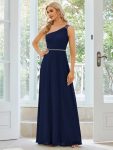 Flowy Chiffon One-Shoulder with Three Straps Bridesmaid Dress – Navy Blue