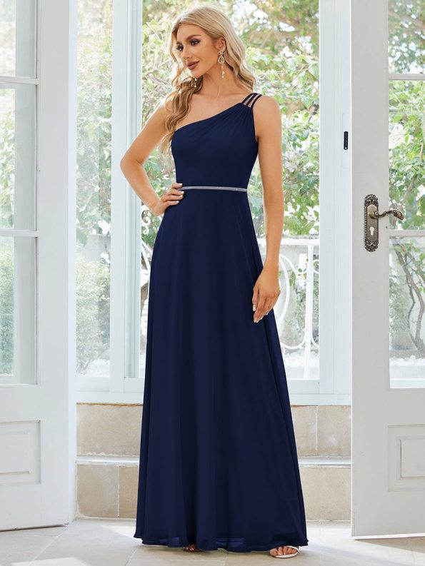 Flowy Chiffon One-Shoulder with Three Straps Bridesmaid Dress - Navy Blue