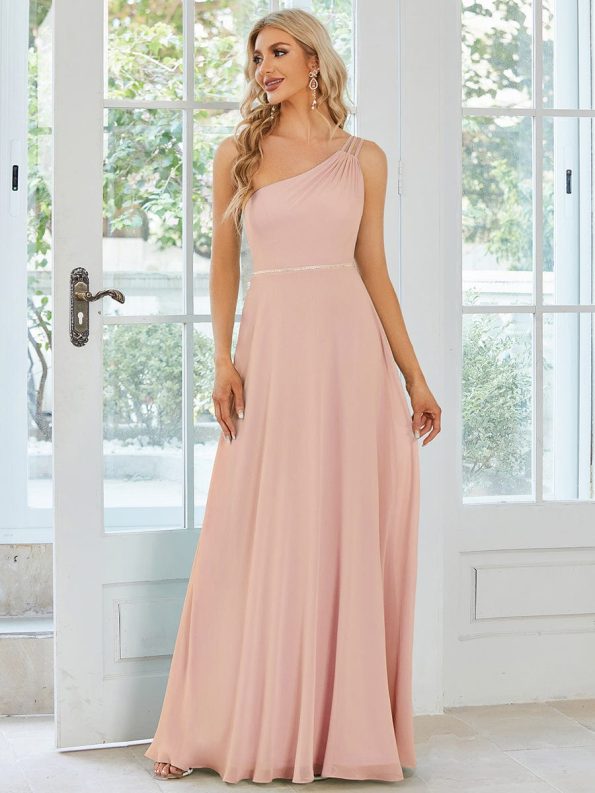 Flowy Chiffon One-Shoulder with Three Straps Bridesmaid Dress - Pink