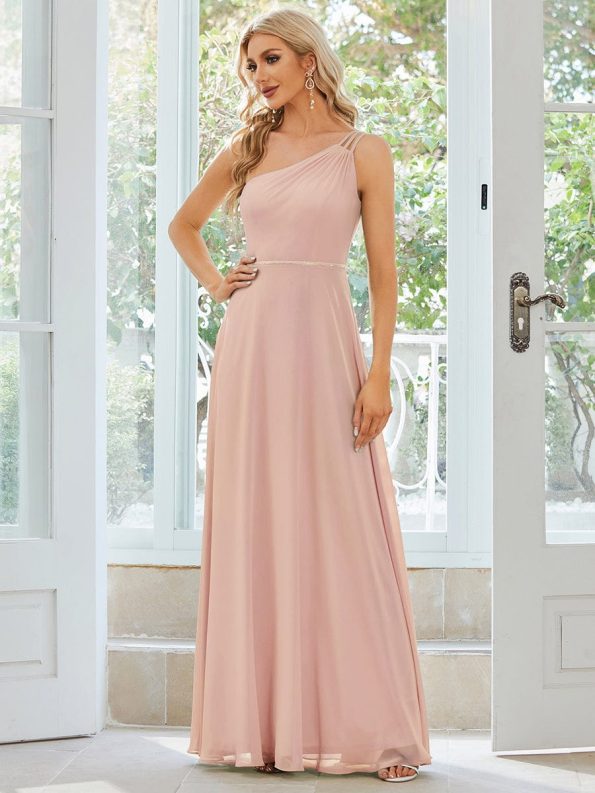 Flowy Chiffon One-Shoulder with Three Straps Bridesmaid Dress - Pink