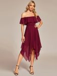 Chiffon Flowy Off-The-Shoulder Bridesmaid Asymmetrical Dress – Burgundy