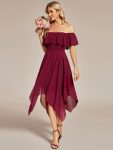 Chiffon Flowy Off-The-Shoulder Bridesmaid Asymmetrical Dress – Burgundy