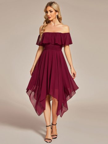 Chiffon Flowy Off-The-Shoulder Bridesmaid Asymmetrical Dress - Burgundy