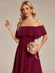 Chiffon Flowy Off-The-Shoulder Bridesmaid Asymmetrical Dress – Burgundy