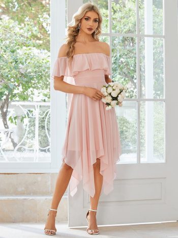 Chiffon Flowy Off-The-Shoulder Bridesmaid Asymmetrical Dress - Pink