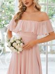 Chiffon Flowy Off-The-Shoulder Bridesmaid Asymmetrical Dress – Pink