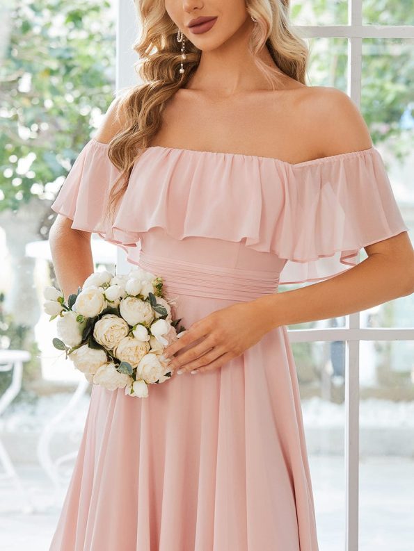 Chiffon Flowy Off-The-Shoulder Bridesmaid Asymmetrical Dress - Pink