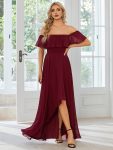 Elegant Chiffon High-Low Off The Shoulder Bridesmaid Dress – Burgundy