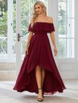 Elegant Chiffon High-Low Off The Shoulder Bridesmaid Dress – Burgundy