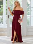 Elegant Chiffon High-Low Off The Shoulder Bridesmaid Dress – Burgundy