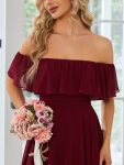 Elegant Chiffon High-Low Off The Shoulder Bridesmaid Dress – Burgundy