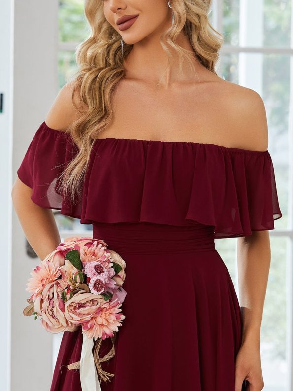 Elegant Chiffon High-Low Off The Shoulder Bridesmaid Dress - Burgundy