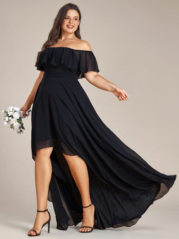 Elegant Chiffon High-Low Off The Shoulder Bridesmaid Dress - Black