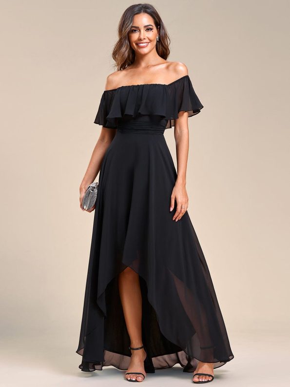 Elegant Chiffon High-Low Off The Shoulder Bridesmaid Dress - Black