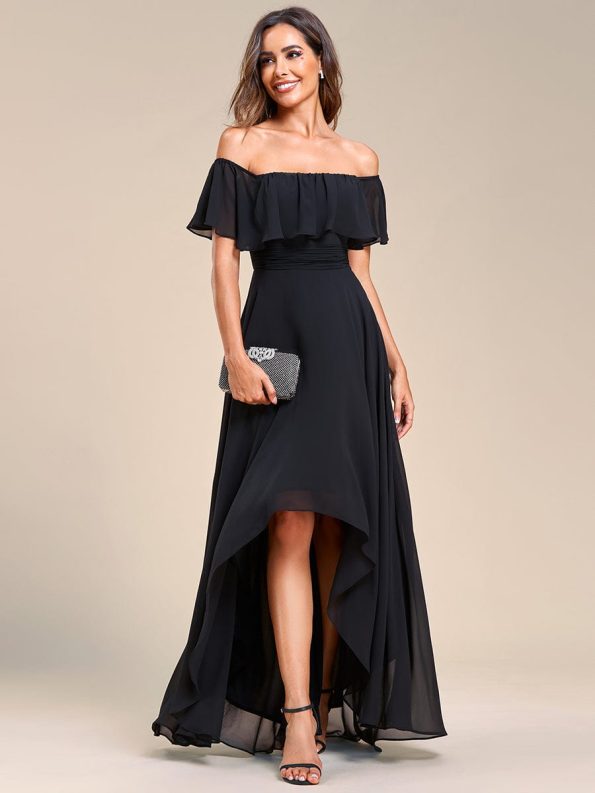 Elegant Chiffon High-Low Off The Shoulder Bridesmaid Dress - Black