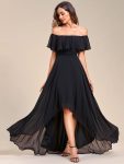 Elegant Chiffon High-Low Off The Shoulder Bridesmaid Dress – Black