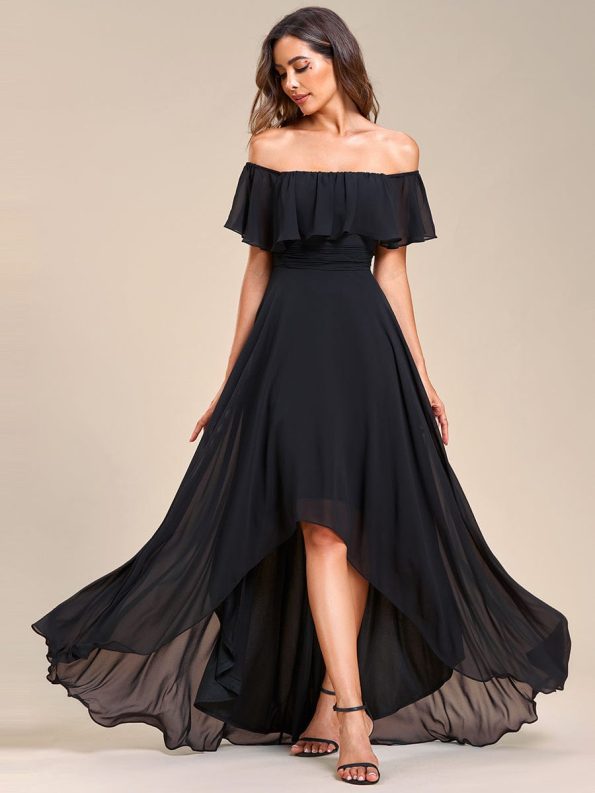 Elegant Chiffon High-Low Off The Shoulder Bridesmaid Dress - Black