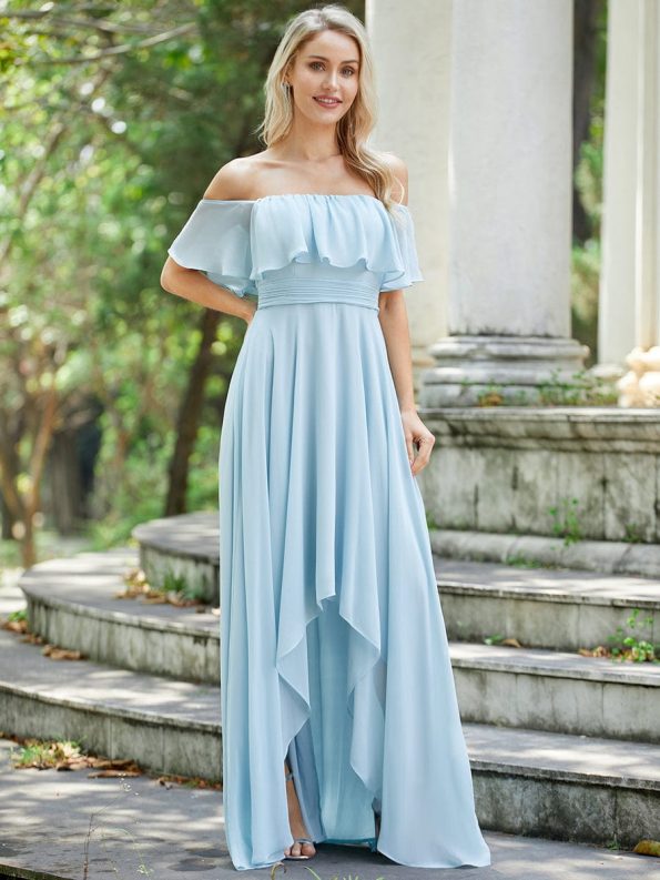 Elegant Chiffon High-Low Off The Shoulder Bridesmaid Dress - Sky Blue